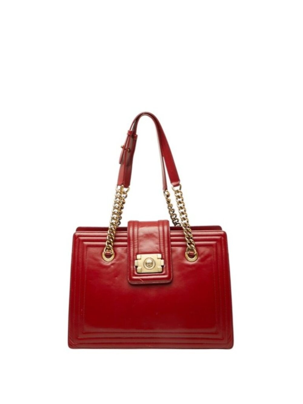 Chanel CC Logo Boy 32 Chain Tote Shoulder Bag Red Gold Calfskin